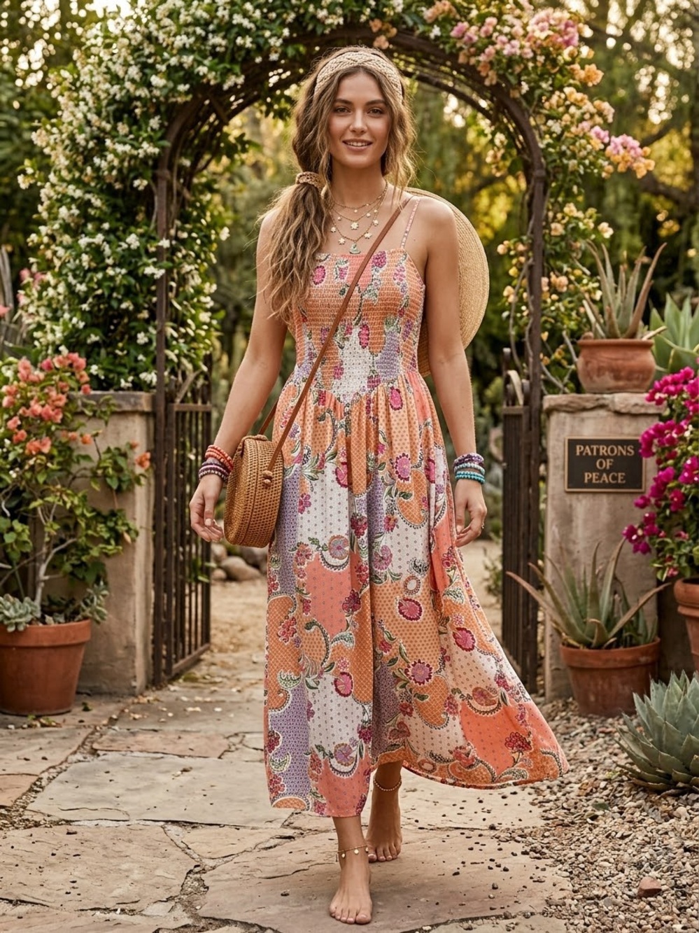 Floral Patchwork Midi Sundress in Peach